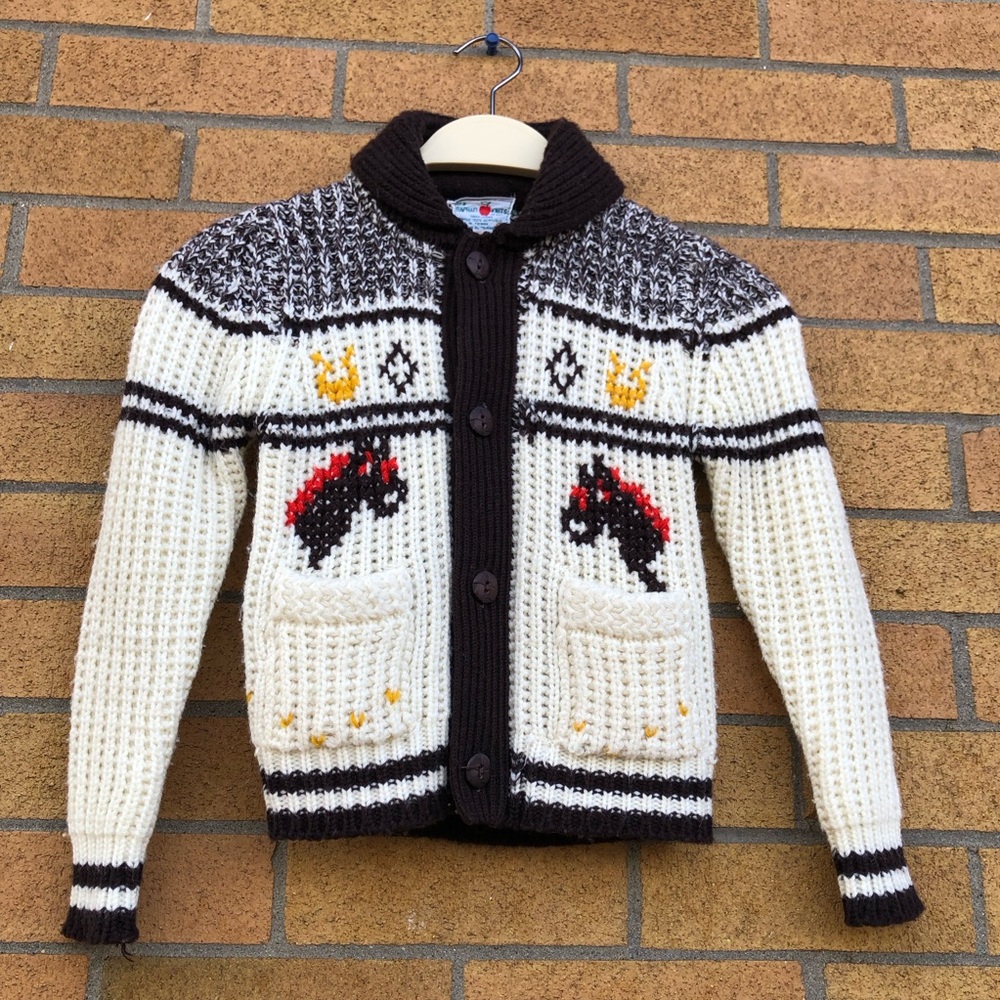 💛Vintage Cowichan-style Kids sweater Western horses 60s 70s cream brown horse 6X